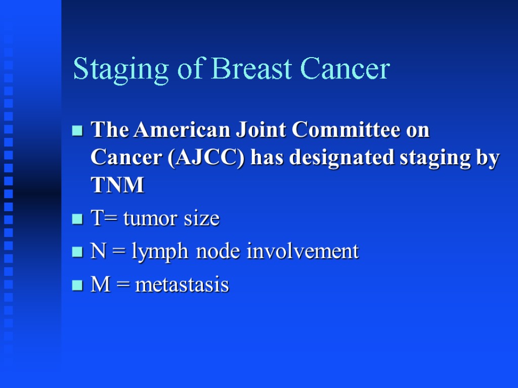 Staging of Breast Cancer The American Joint Committee on Cancer (AJCC) has designated staging